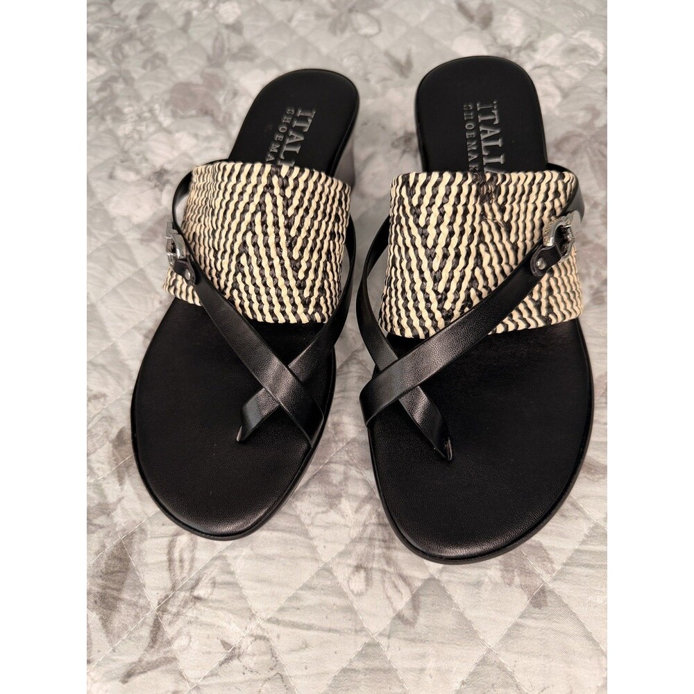 Italian Shoemakers Black Leather Block Heel Sandals Size 7.5 Made In Italy